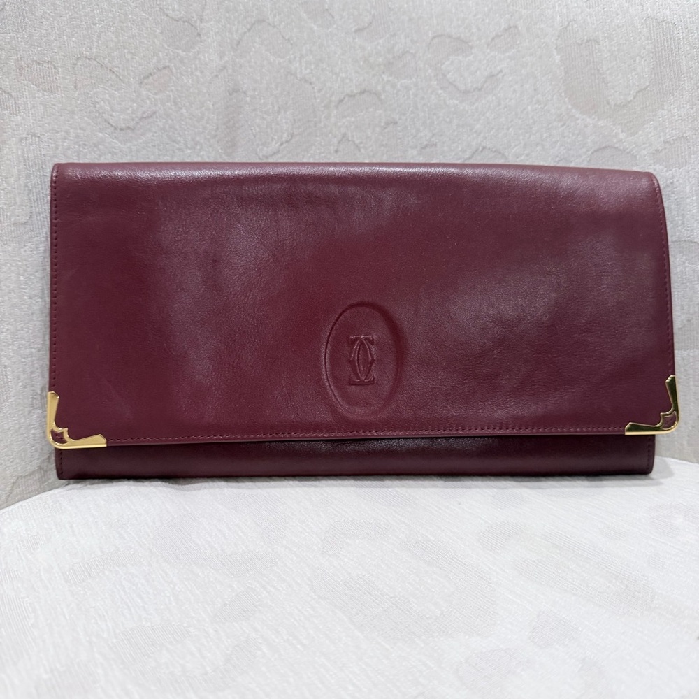 Vintage Cartier Les Must de Cartier Bordeaux Leather Envelope Clutch Gold Corner